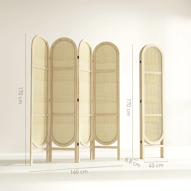 HOMCOM Paravent interieur en bois 4 panneaux 170 x 160 cm pliable et portable, motif tissé à la main, bois naturel