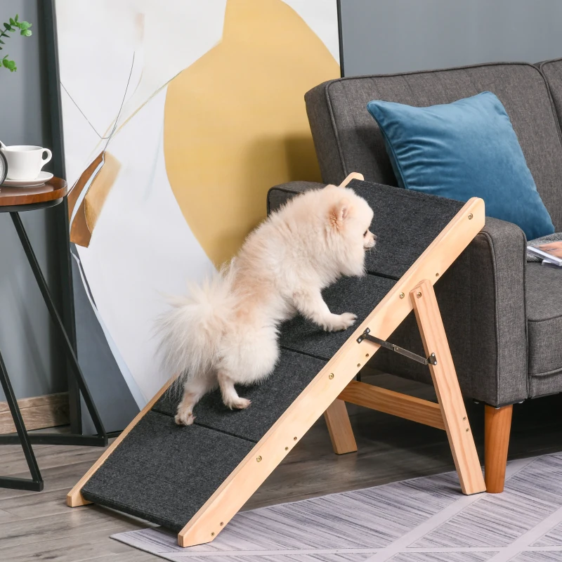 PawHut Escalera de Madera para Perros Plegable 2 en 1 Rampa para Mascotas Portátil con 4 Escalones para Acceso al Sofá y Cama Alta 80x47x64 cm Negro y Natural