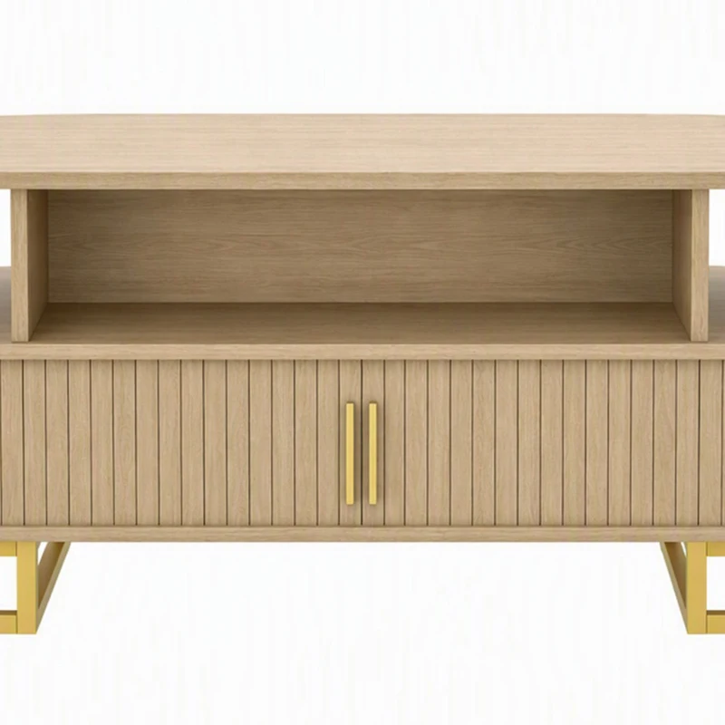 HOMCOM Mesa de Centro Oval, Mesa de Sala Moderna com Portas Tambor Deslizantes, Armazenamento Fechado, Prateleiras Abertas, Carvalho