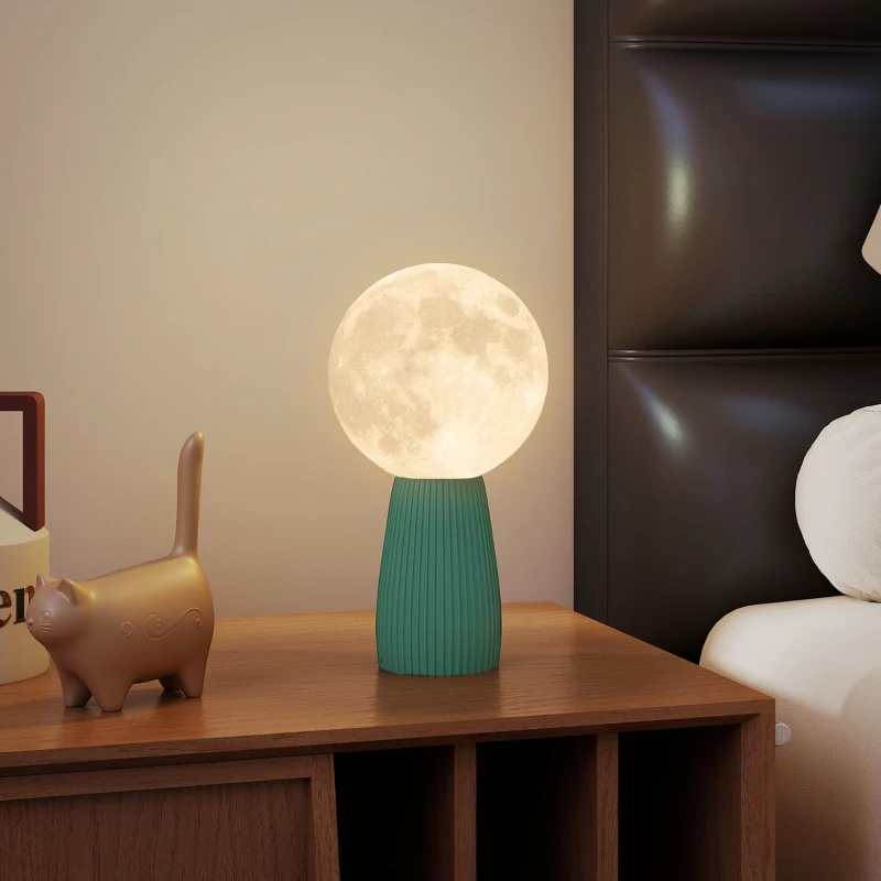 HOMCOM Lampă de Masă în Formă de Lună cu 3 Culori și 10 Niveluri de Luminozitate, din ABS, Ø15x28 cm, Alb și Verde Închis