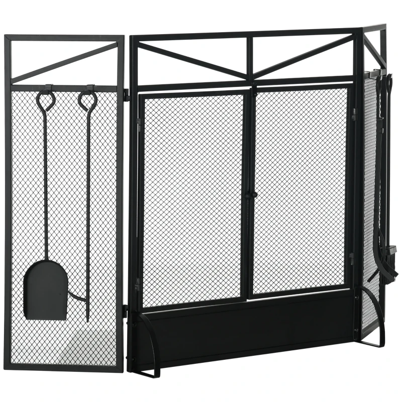 HOMCOM 3 Panel Folding Fire Guard Screen with Fireplace Tool Sets and Front Doors, Freestanding Fire Screen Spark Guard with Feet for Open Fire, Log Burner, Fireplace, 122 x77 cm, Black