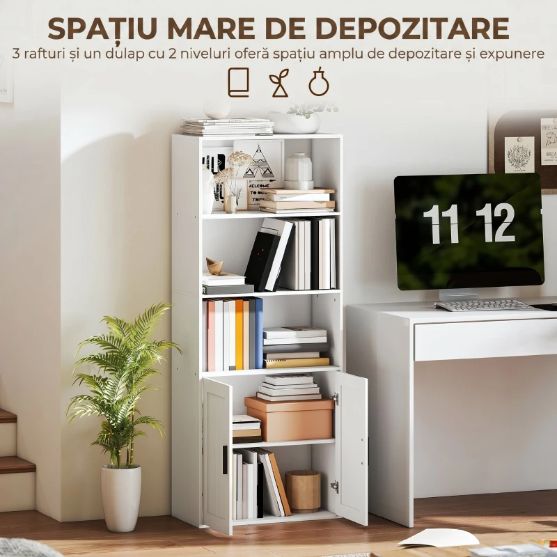HOMCOM Bibliotecă cu rafturi deschise și dulap cu 2 uși, cu poliță internă reglabilă, 60x30x145.5 cm, alb