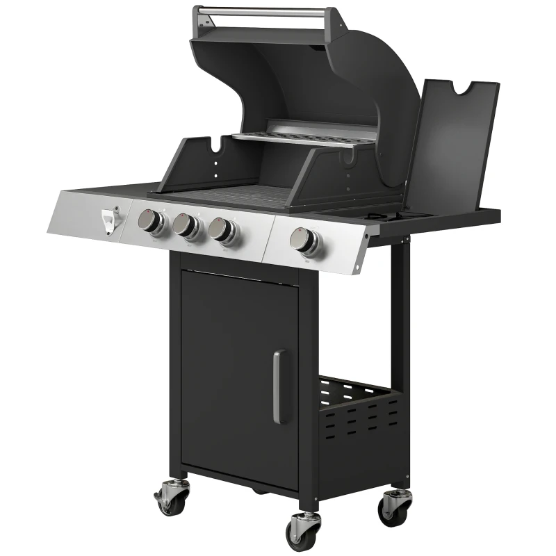 Outsunny Barbecue a Gas con 3 Fuochi e Bruciatore Laterale, 109x50x109 cm, Nero