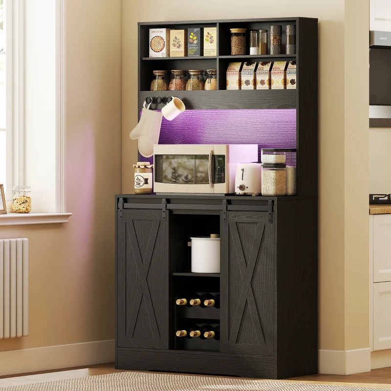 HOMCOM Bufet Înalt de Bucătărie Stil Rustic cu 2 Dulapuri, Suport pentru Sticle, Prize de Încărcare și Lumini LED, Negru