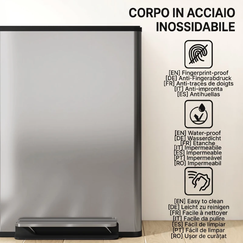 HOMCOM Coș de Gunoi cu Pedală cu 2 Compartimente de 30L, Capac Amortizat și Galeți Detașabili, Oțel Inoxidabil, Argintiu
