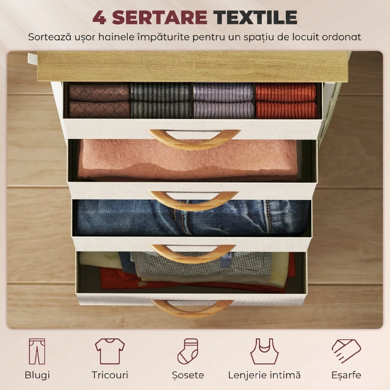 HOMCOM Comodă cu 4 sertare pliabile, 4 buzunare și 2 cârlige, din lemn, oțel și material textil, 45x30x94.5 cm