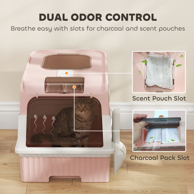 PawHut Enclosed Cat Litter Box with Lid, Pull-Out Drawer Tray, Scoop, 2 Deodorisation Bags, Front Entry & Top Exit, Pink