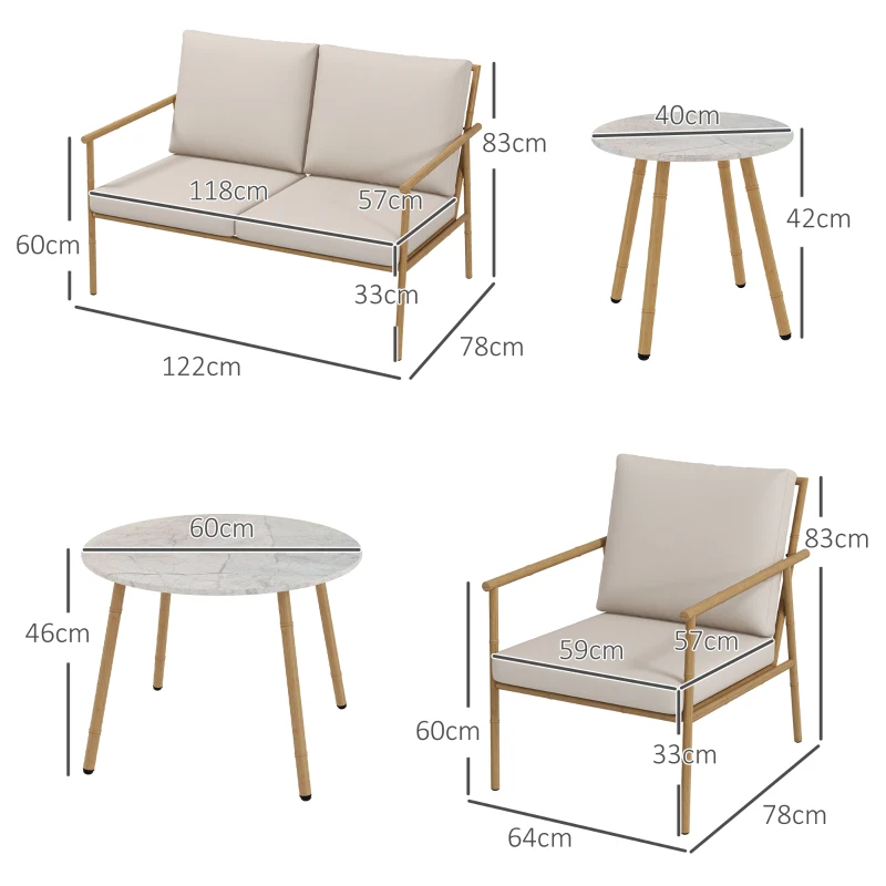 Outsunny Salotto da Giardino con Divano, 2 Poltroncine e 2 Tavolini Effetto Bambù con Cuscini, Marrone