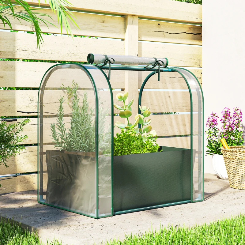 Outsunny Mini Sera de Grădină cu Sac de Plantare, Sera pentru Grădină cu Ușă Rulantă, Structură din Oțel, Acoperire din Plastic, pentru Legume, Flori, Plante, Verde Închis