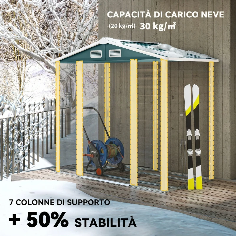 Outsunny Casetta da Giardino in Metallo con Porte Scorrevoli e Lucchetto con Chiavi, 2.1x1.2x1.9m, Verde