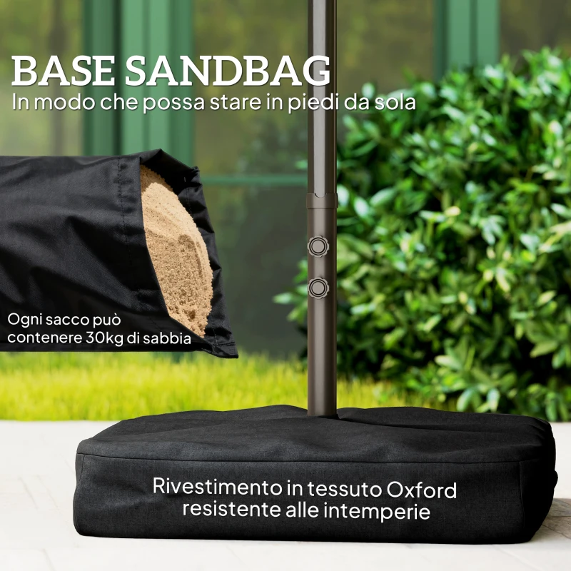 Outsunny Ombrellone da Giardino Doppio a 12 Stecche con Base a Croce e Apertura a Manovella, Ombrellone da Terrazzo con Sacchi di Sabbia, in Acciaio e Poliestere, 455x265x238 cm, Cachi
