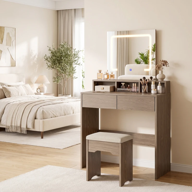 HOMCOM Vanity Table, Dressing Table with Mirror, LED Lights, 2 Drawers, 3 Compartments, 3 Colour Lighting, Walnut