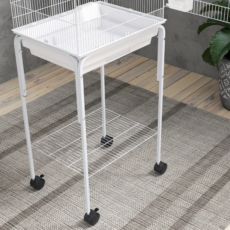 PawHut Jaula para Pájaros con Ruedas Estante Puertas 2 Comederos 2 Perchas Columpio Bandeja Extraíble 46,5x36x124 cm Blanco