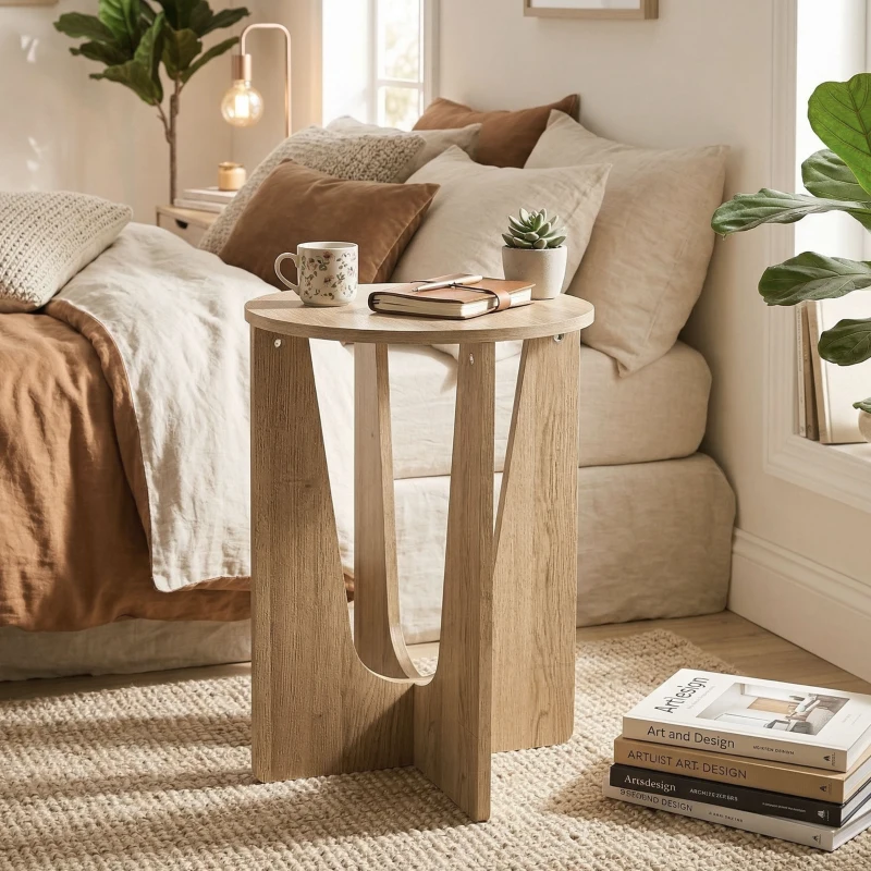 HOMCOM End Table Compact Round Side Table with Curved Legs in Coffee Wood Effect