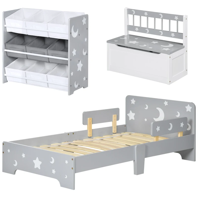 ZONEKIZ 3PCs Kids Furniture Bedroom Set with Bed, Toy Box Bench, Storage Unit with Baskets, Star and Moon Patterns, for 3-6 Years Old Boys Girls, Grey
