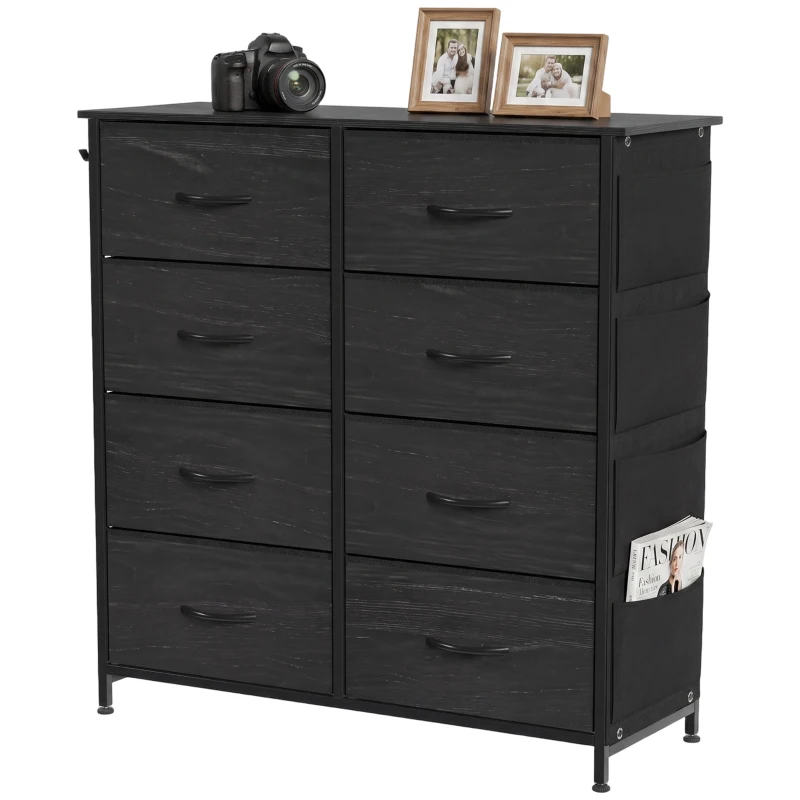 HOMCOM Chest of Drawers, Dresser with 8 Fabric Drawers, Tall Storage Unit with 4 Pockets and 2 Hooks Steel Frame, Black