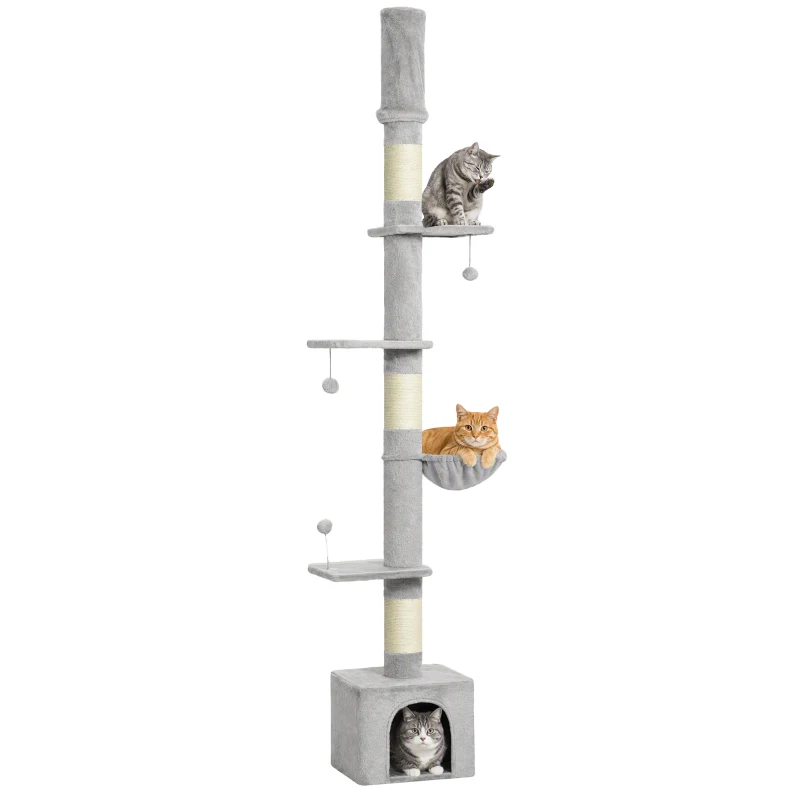 PawHut Floor to Ceiling Cat Tree, 230-250cm Multi-Level Cat Tower with Adjustable Height, Scratching Posts, Condo, Platforms