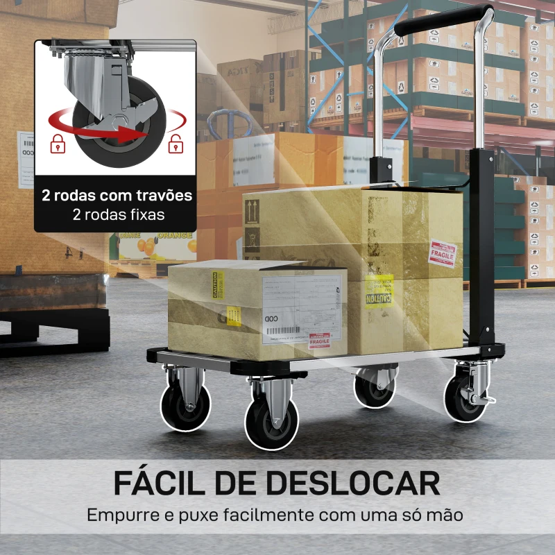 HOMCOM Carro de Transporte Dobrável de Alumínio com Rodas Plataforma Extensível e Pega Ajustável  71,5x42x95 cm Prata e Preto