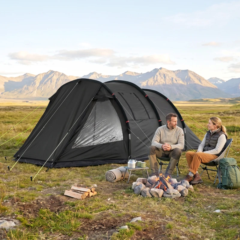 Outsunny 3-4 Man Tunnel Tent, Two Room Camping Tent with Windows and Covers, Portable Carry Bag, for Fishing, Hiking, Sports, Festival - Black