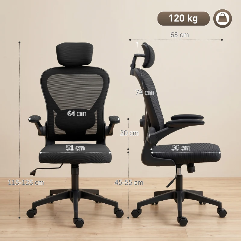 HOMCOM Chaise de Bureau Ergonomique, Fauteuil de Bureau en Maille avec Appui-Tête et Soutien Lombaire Réglables, Noir