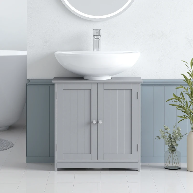 kleankin 60x60cm Under-Sink Storage Cabinet w/ Adjustable Shelf Handles Drain Hole Bathroom Cabinet Space Saver Organizer Grey