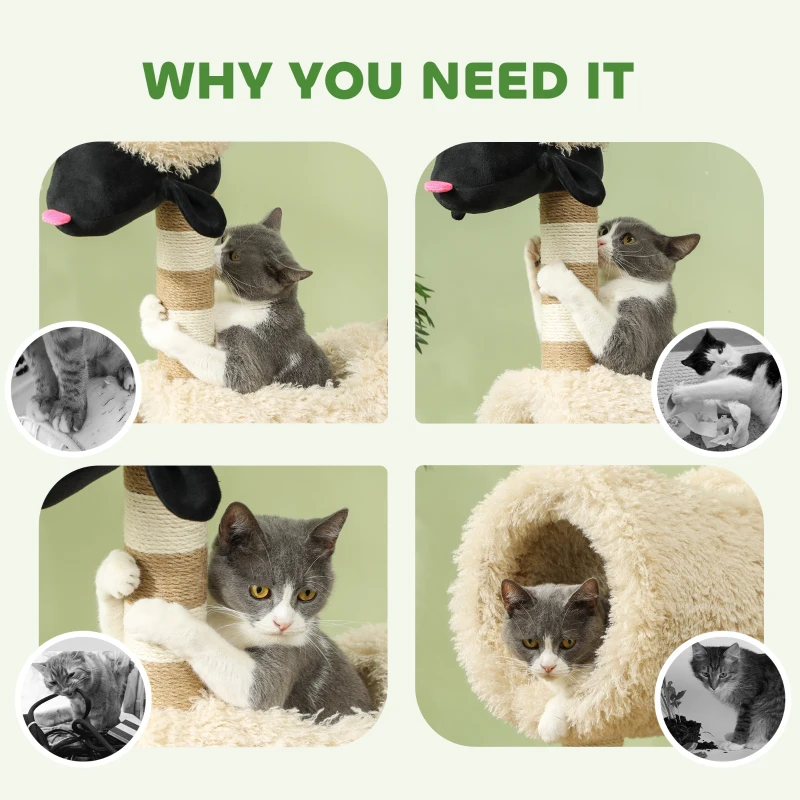 PawHut Cat Tree Sheep Design, 98 cm Multi-Level Cat Tower with Scratching Posts, Tunnel & Play Ball, Light Brown