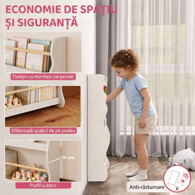 AIYAPLAY Bibliotecă Montessori pentru Copii 3-8 Ani, 3 Rafturi, 60x15x73 cm, pentru Cameră, Alb