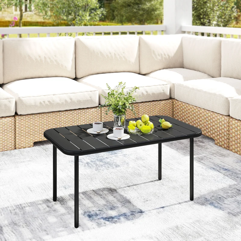Outsunny Table Basse de Jardin en Acier Galvanisé, Plateau à Lattes, Table Rectangulaire aux Angles Arrondis, 90x50x43cm, Noir