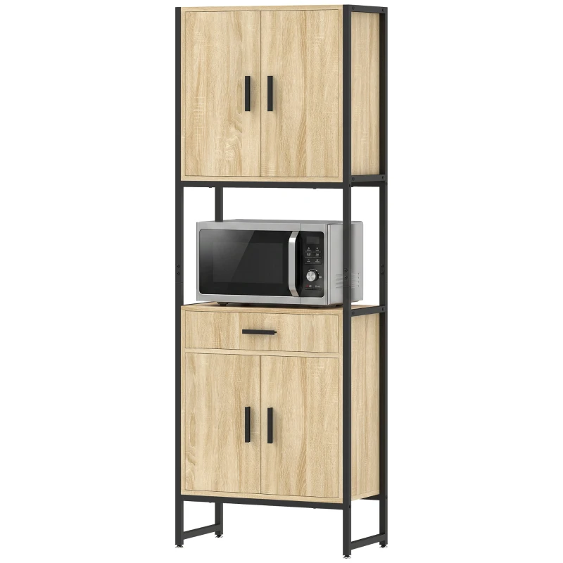 HOMCOM Armário Alto de Cozinha Armário de Cozinha 4 Portas com Fecho Suave Gaveta Bancada 60x30x170 cm Madeira Natural