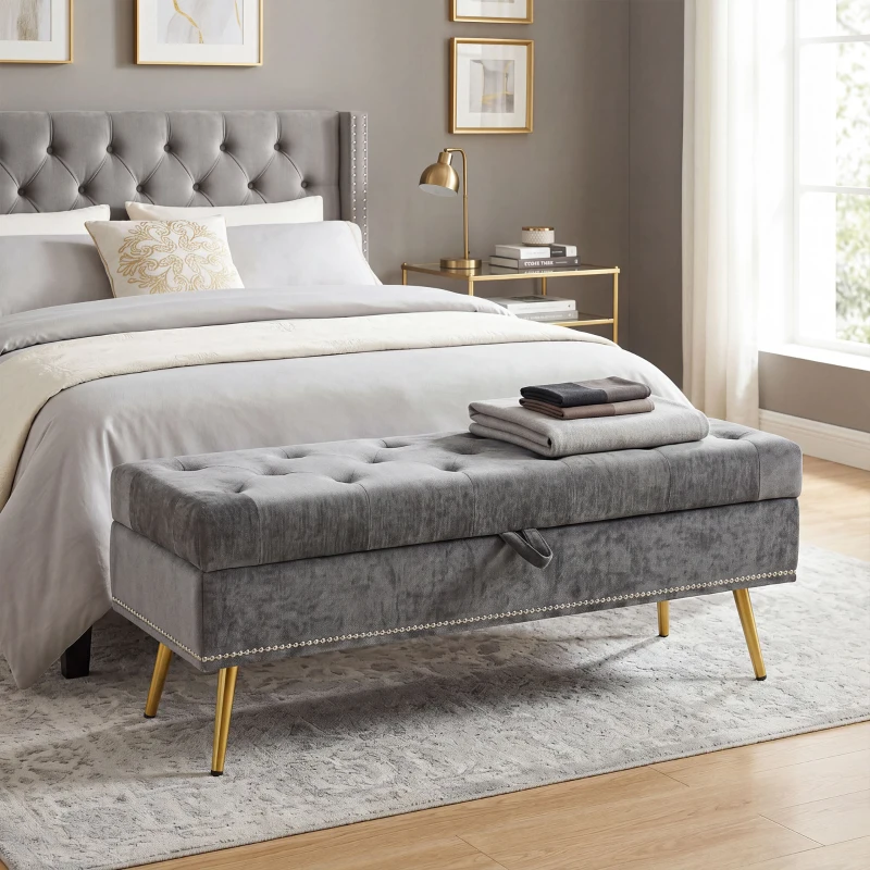 HOMCOM Storage Ottoman, Chenille Upholstered Ottoman Storage Box with Padded Seat, Metal Legs, 114 x 41 x 45 cm, Grey