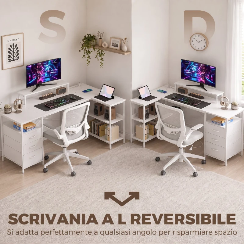 HOMCOM Scrivania Angolare Reversibile con Cassetti, Ripiani e Prese, 170x100cm, Bianca