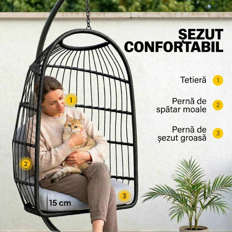 Outsunny Scaun Suspendat Tip Ou, Leagăn pentru Exterior cu Suport și Centură de Siguranță, Gri Deschis