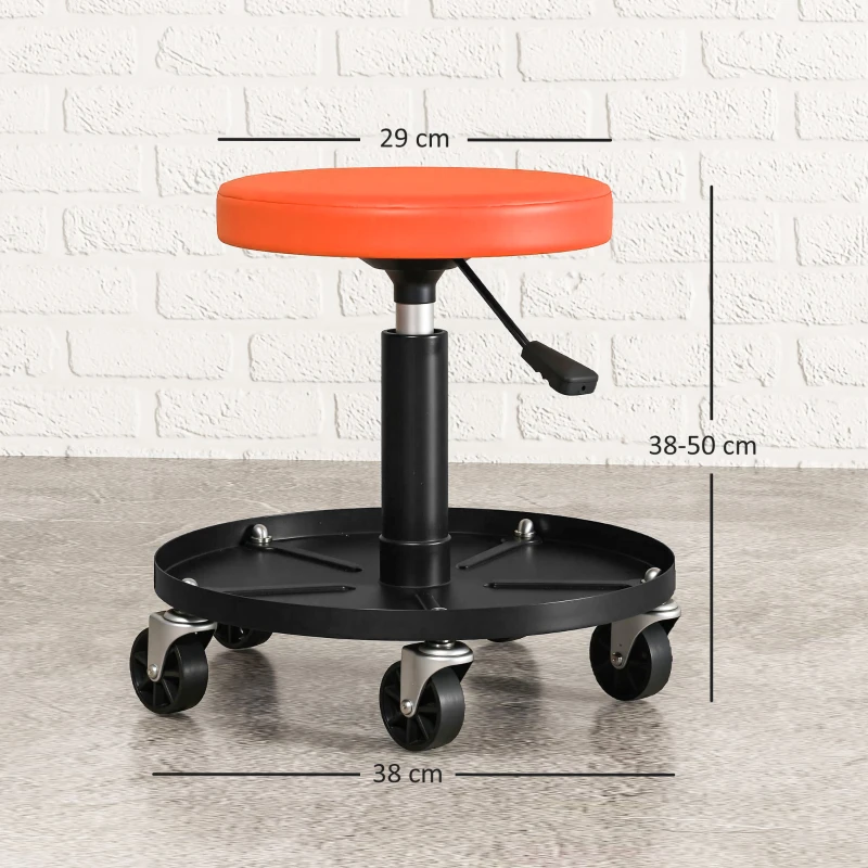 HOMCOM Taburete de Taller con Ruedas y Altura Regulable 38-50 cm Bandeja para Herramientas 135 kg Naranja
