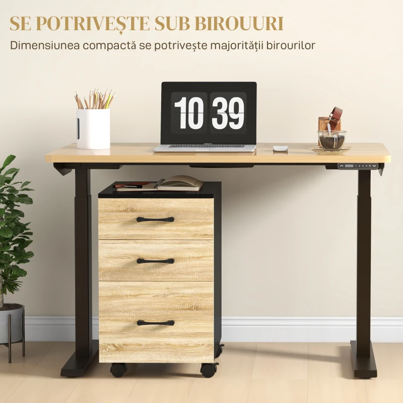 HOMCOM Comodă pentru birou cu 3 sertare și roți, dulap pentru documente cu bare reglabile, stejar și negru