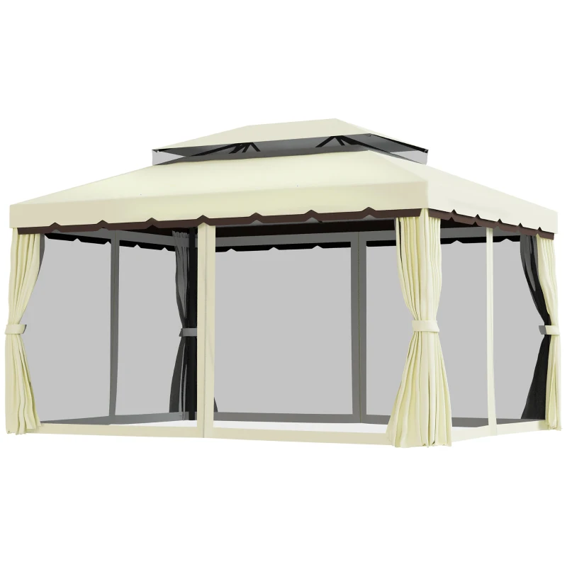 Outsunny Gazebo da Giardino 4x3 m con Zanzariera e Tende, Tetto Doppio e Rivestimento Anti-UV, Crema