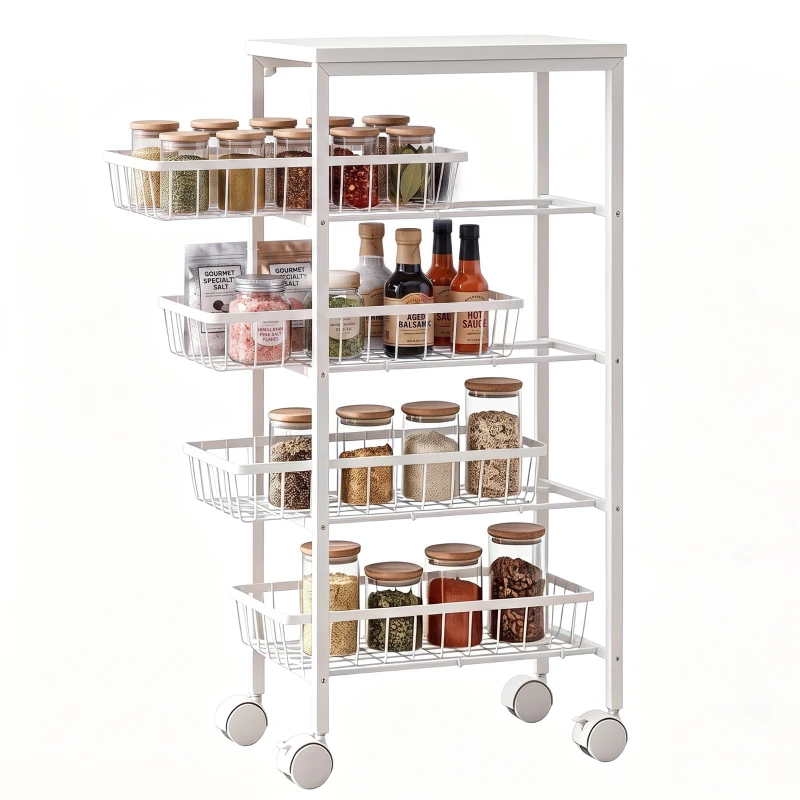 HOMCOM Chariot de rangement à 4 niveaux, desserte à roulettes avec paniers amovibles, cadre en métal, blanc