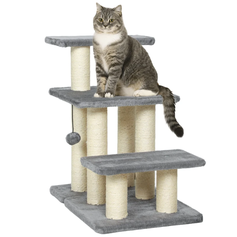PawHut Hondentrap 3 treden 54 cm Hoog Huisdiertrap voor Kleine Honden Kattentrap met Sisal Krabpaal, Speelbal