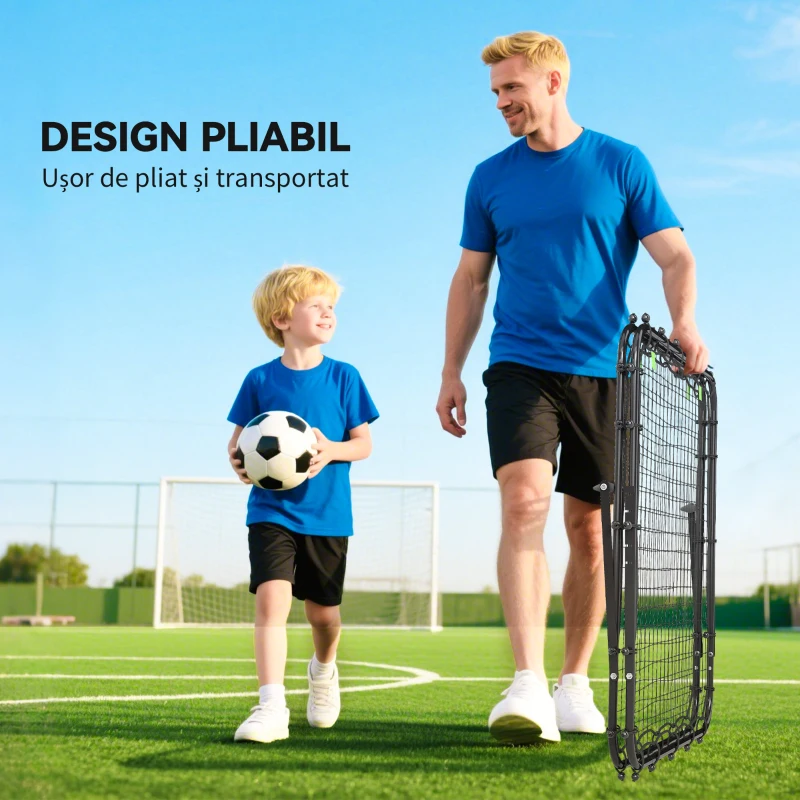 HOMCOM Poartă de Fotbal Rebounder Pliabilă cu Unghi Reglabil și Țăruși, din PE și Metal, 100x95x90 cm, Negru