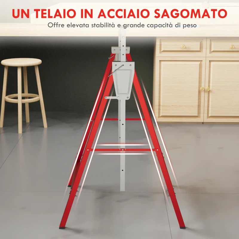 HOMCOM Set 2 Cavalletti da Lavoro Telescopici 80-130 cm Pieghevoli, in Acciaio Q195, 68x58x80 cm, Rosso e Argento