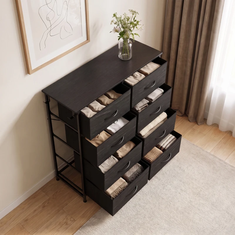 HOMCOM Chest of Drawers, Dresser with 8 Fabric Drawers, Tall Storage Unit with 4 Pockets and 2 Hooks Steel Frame, Black