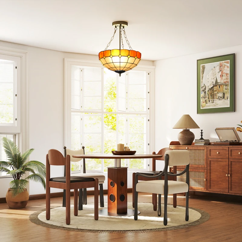 HOMCOM Tiffany Style Ceiling Light, Vintage Chandelier with 3 E27 Sockets, Semi Flush Mount for Living Room, Bulbs Not Included