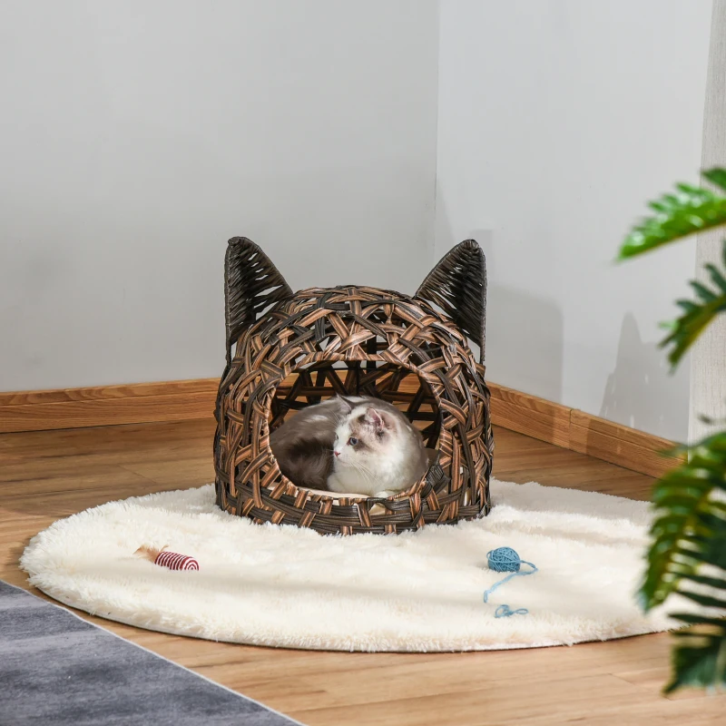 PawHut Cuccia per Gatti, Cesta per Gatti Adulti fino 4.5kg, Cesta in Vimini Sintetico a Forma di Gatto, Marrone