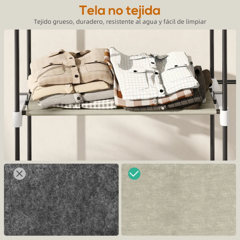 HOMCOM Armario de Ropa Armario Abierto con 4 Estantes de Tela 3 Barras para Colgar Marco de Metal 142x43x185 cm Crema