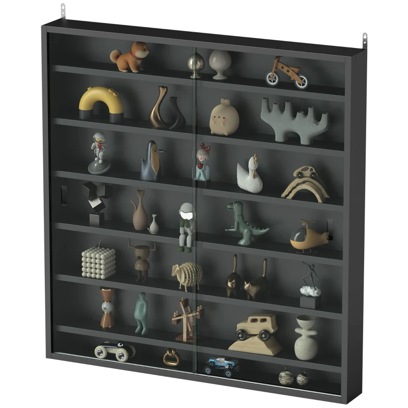 HOMCOM Bacheca Portaoggetti a 6 Ripiani Regolabili in Legno con Ante in Vetro, 80x9.5x83 cm, Nero