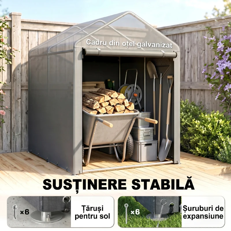 Outsunny Magazie pentru Unelte Garaj Cort cu Acoperire Anti-UV și Cadru Metalic, 120x179x165cm, Gri Deschis(m-5)