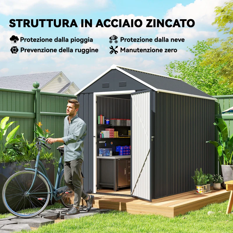 Outsunny Casetta da Giardino Porta Attrezzi in Acciaio Zincato e PP con Finestra, 259x172x222 cm, Grigia e Bianca