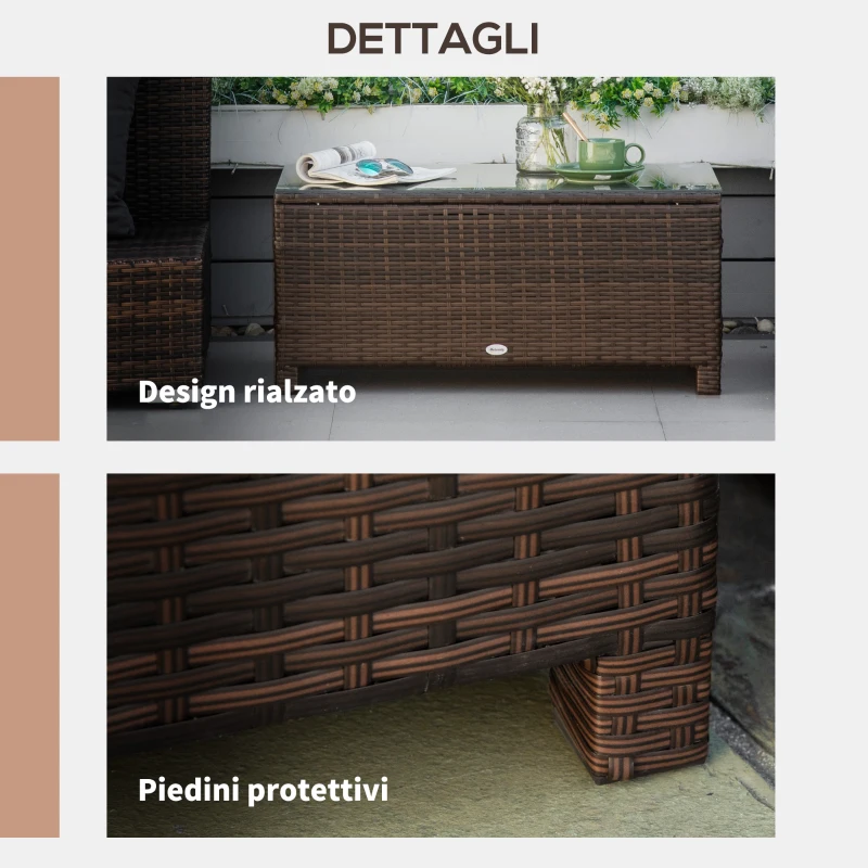 Outsunny Tavolo da Caffè da Esterno in Rattan e Vetro Temperato, Tavolino da Giardino Rettangolare, Tavolino da Esterno, per Giardino, Balcone, Terrazzo, 85x50x39 cm Marrone