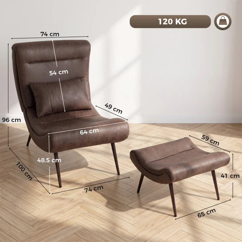 HOMCOM Modern Accent Chair with Footstool, Upholstered Lounge Chair with 64cm Wide Seat, Lumbar Pillow, Trapezoidal Backrest