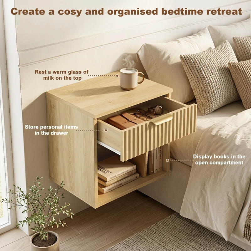 HOMCOM Floating Nightstands Set of 2, Modern Wall-Mounted Bedside Tables with Fluted Drawer and Open Shelf for Bedroom, Oak