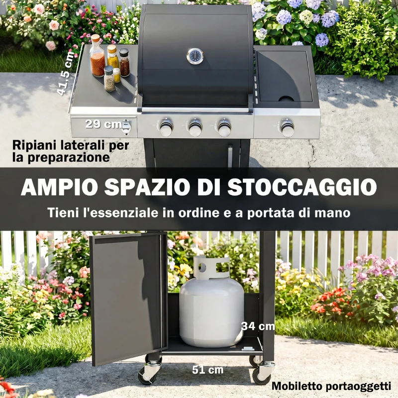Outsunny Barbecue a Gas con 3 Fuochi e Bruciatore Laterale, 109x50x109 cm, Nero